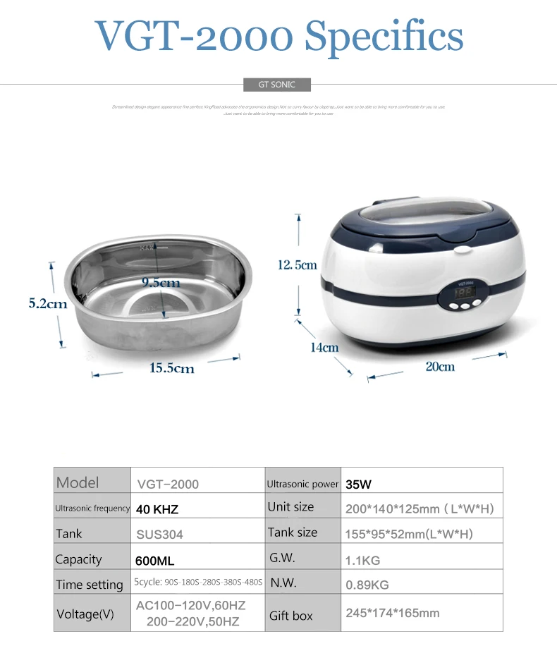600ML VGT-2000 With digital display ultrasonic Contact lenses cleaner