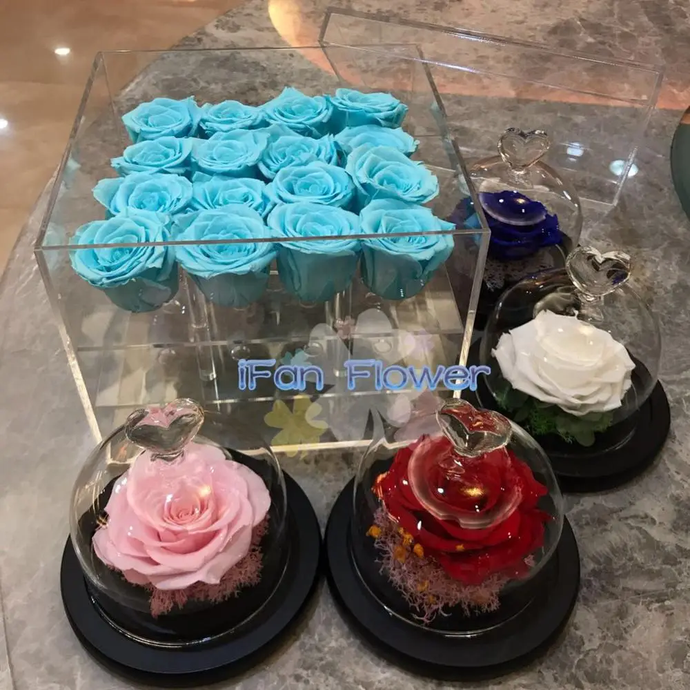 luxury preserved rose bud flower in tiffany blue color decoration china roses actylic boxes for wedding gift events