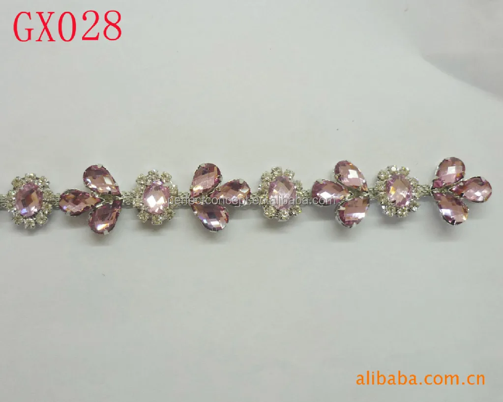 New fancy design leaf crystal rhinestone chain trim pink resin stone rhinestone cup chain trimming