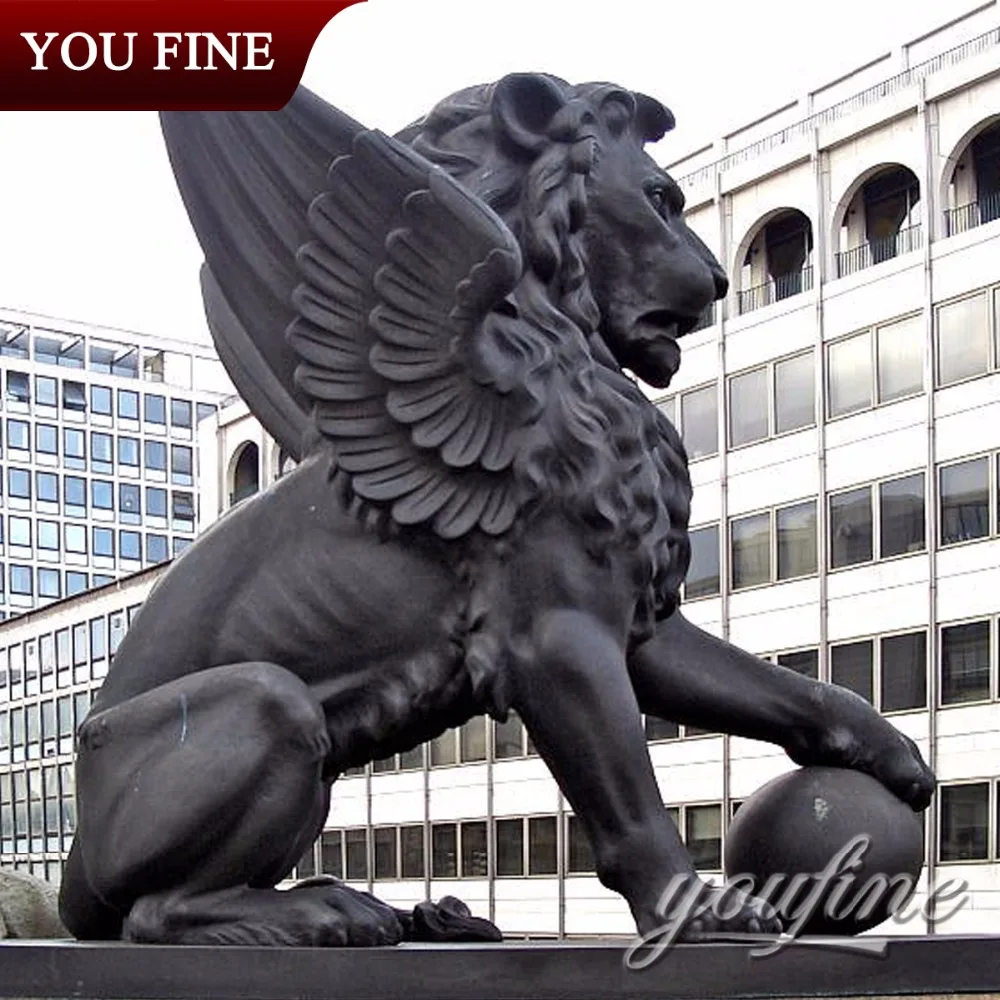 Outdoor Garden Large Metal Casting Brass Sculpture Sitting Bronze Winged Lion Statue with Ball