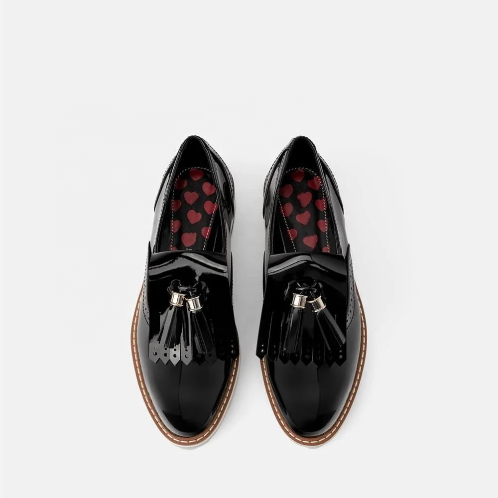 
MANRINO-0245 Black Oxford Style Patent Leather Upper Thick Sports Outsole Tassels Decor Womens Slip In Casual Sneakers 2019 