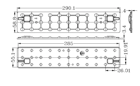 290x58.8 3x11 Linear Light Lens  45 Degree Symmetry 90 Degree Led Lens