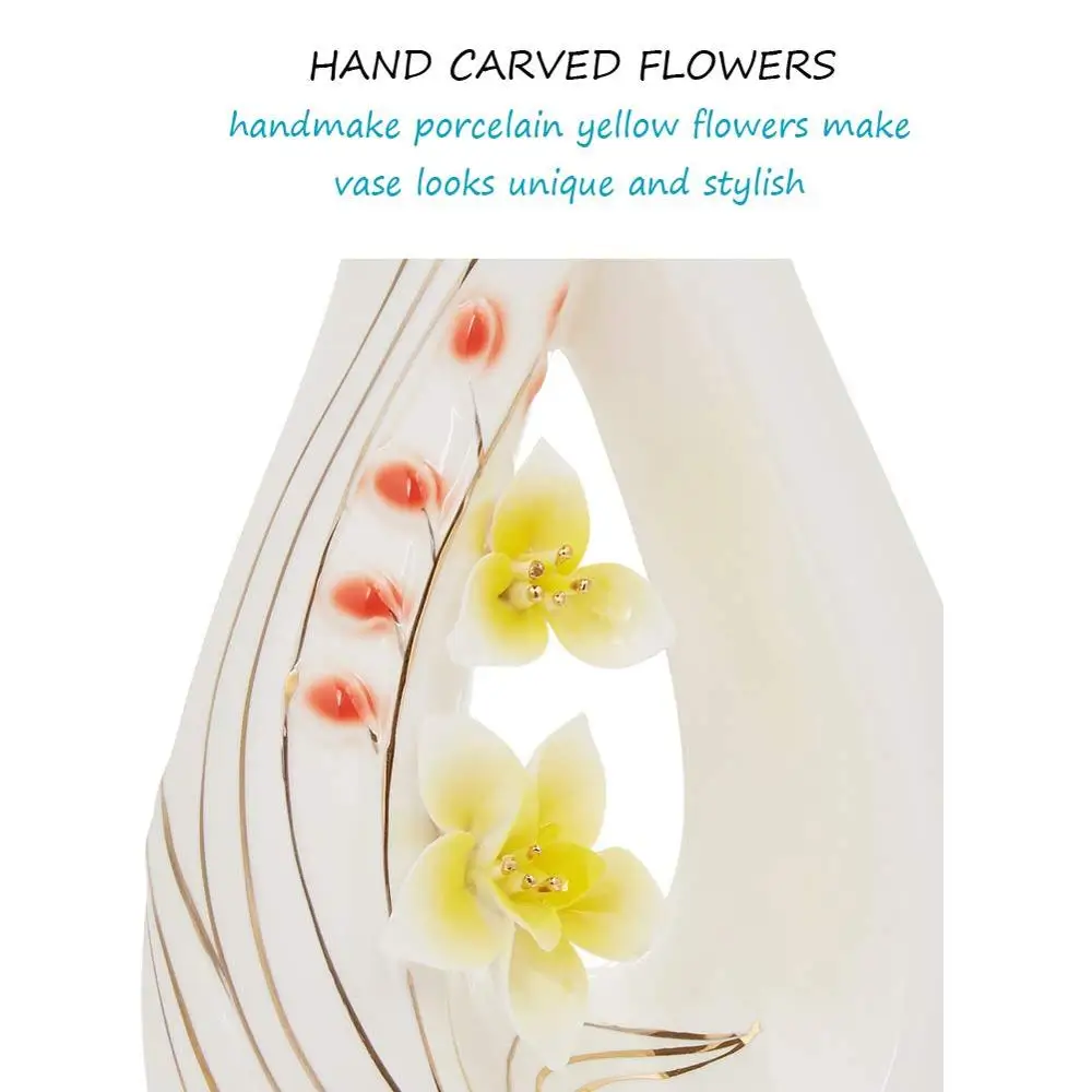 ceramic porcelain flower vase Tall White Ceramic Flower Vases,11.6 High Decorative Vases with Handmade Porcelain Yellow Flow