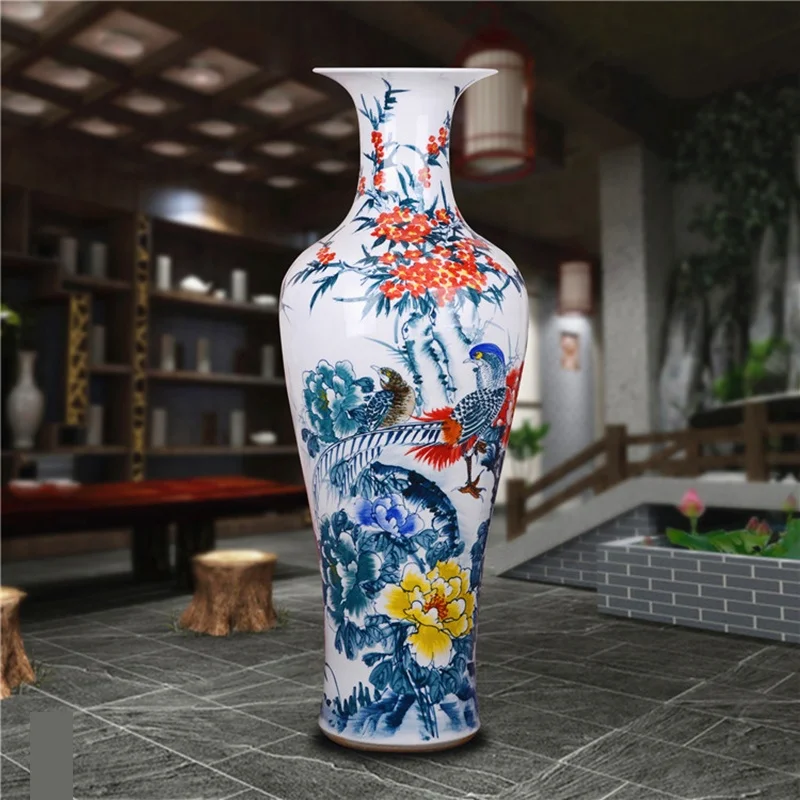 Hotel entrance decorative blue and white large vase  Luxury burgundy ceramic floor vase