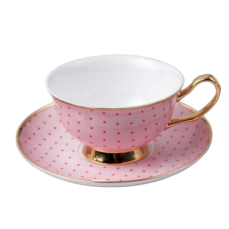 New Design Gold Plate Handle pink ceramic Tea  cup and saucer