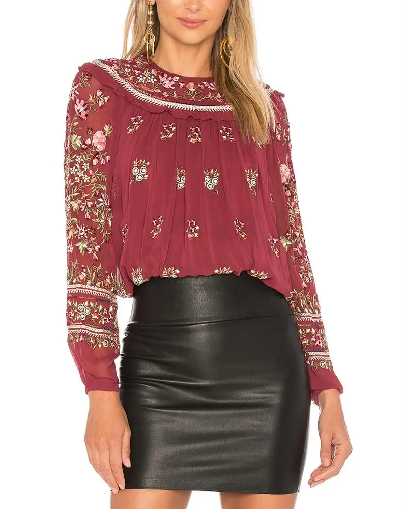 Sexy Foreign Girls Victorian Bohemia Style Ladies Georgette Folk Embroidered Tunic Tops for Women hsb2287