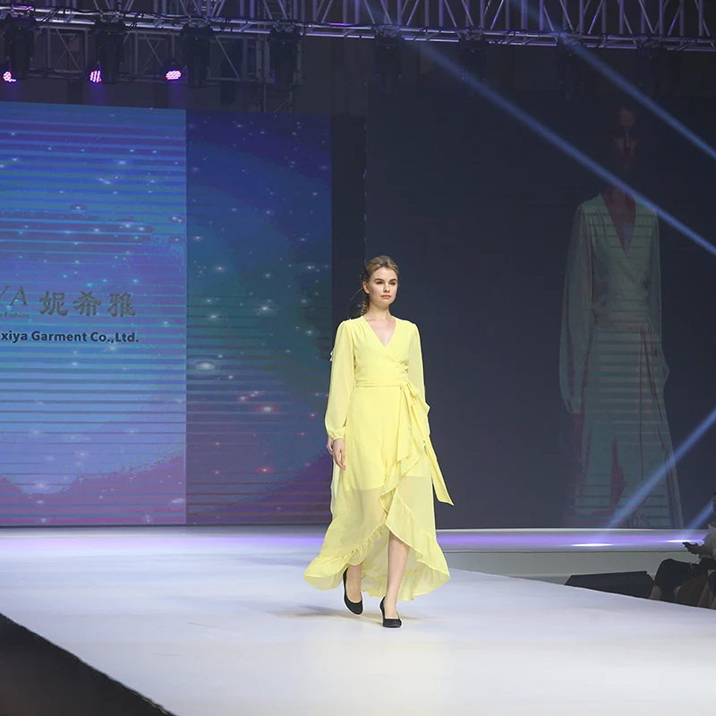 Women Yellow Long Sleeve V Neck Wrap Dress