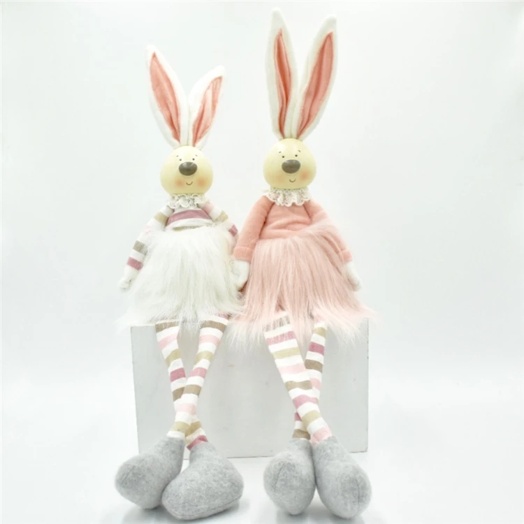 Easter Decoration Gifts Pink Plush Rabbit Figure Shelf Sitter Stripe Fabric Craft Home Decor Couple Bunny With Resin Head