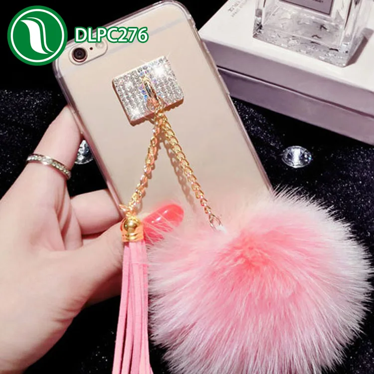 Luxury fox plush ball phone case Bling diamond Clear Soft TPU fur ball case for iPhone 6