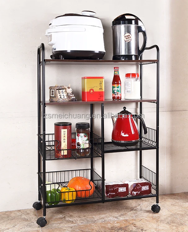 4 Tier Portable Rolling Wire Shelf Wood Top Kitchen Storage Trolley