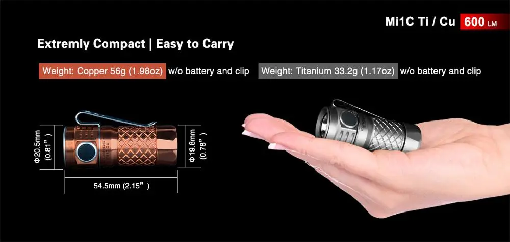 Klarus Mi1C Ti / Mi1C Cu mini Flashlight update of MI7 600 Lumens Included a Micro-USB charging 16340 battery