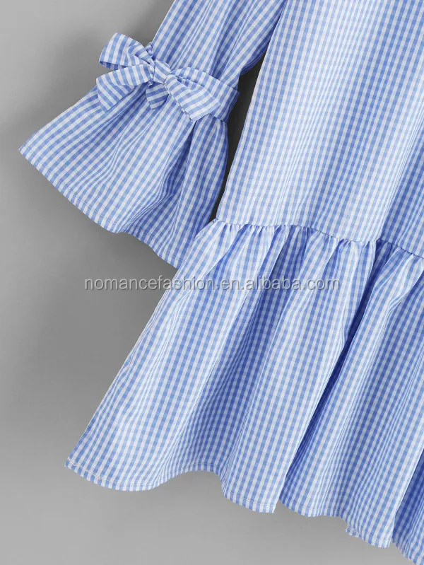 Flute Sleeve Tiered Hem Gingham Clothes Ladies Simple Fashion Dress
