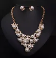 Gold Plated Pearl Gems Pendant Women Wedding Necklace Earrings Stud Lady Statement Jewelry Set Bride Collars
