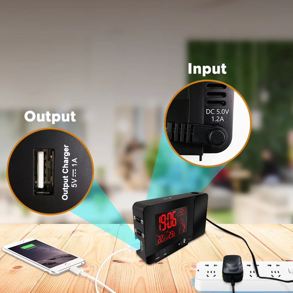 Будильник с цифровой проекцией и метеостанцией, термометр для помещений и улицы