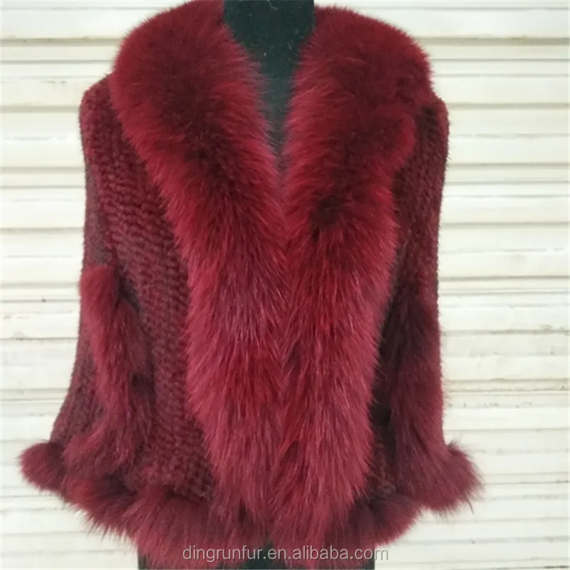 
Women real fur Cape Knitted Mink Fur poncho with fox fur trim 
