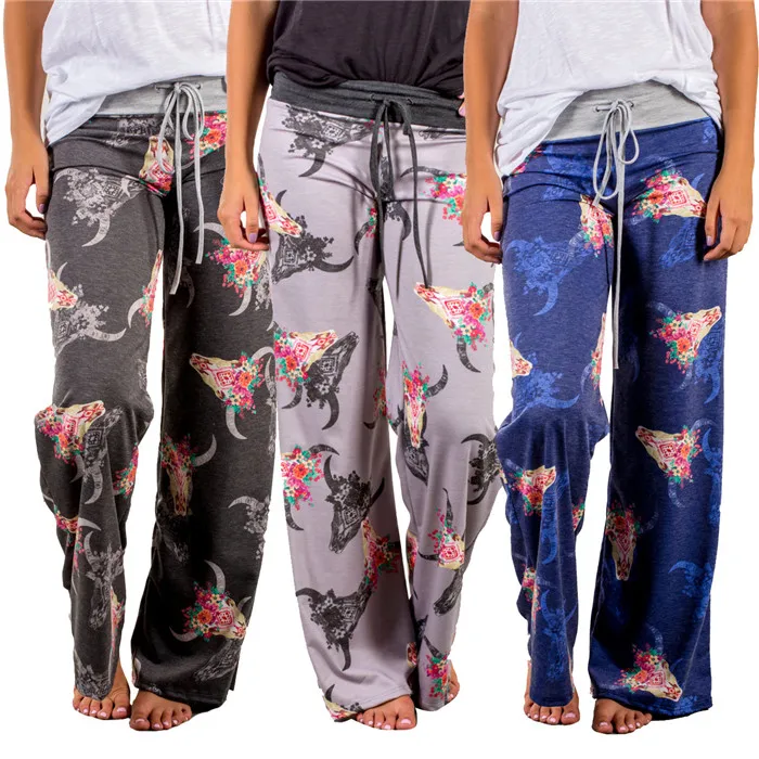 Wholesale Leisure Yoga Antlers Bull Head Print Wide Leg Pants