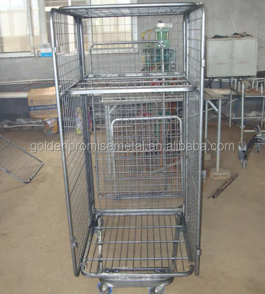 Steel Wire Mesh Material Roll Container Roll Cage Warehouse Trolley Laundry Trolley