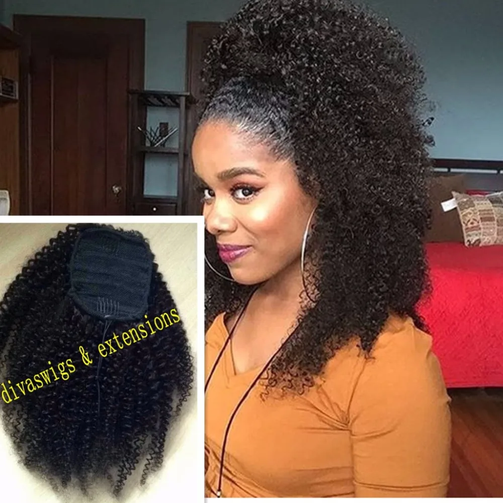 140g African natural  big Afro Puff  Kinky Curly drawstring ponytails human hair extension pony tail hairpiece