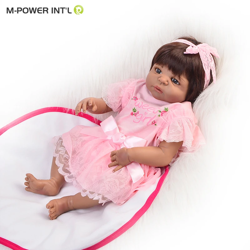 Realistic Indian Baby Doll 22' Girl Black Skin Reborn Baby Doll Toy Full Silicone Body Handmade Ethnic Dolls For kids Xmas Gift