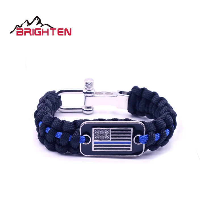 Custom Stainless Steel Shackle Adjustable Flag Customized Survival Thin Blue Line Paracord Bracelet