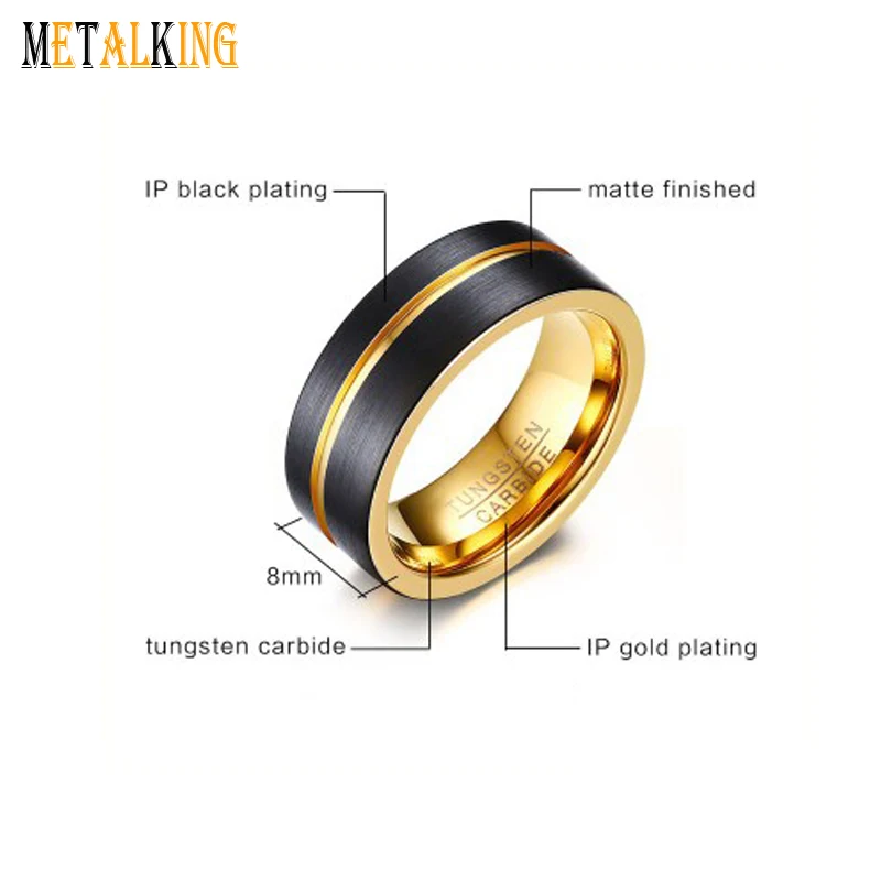 
Gold and Black Tungsten Wedding Band Two Tone Grooved Flat Brushed Finished 8mm Comfort Fit 