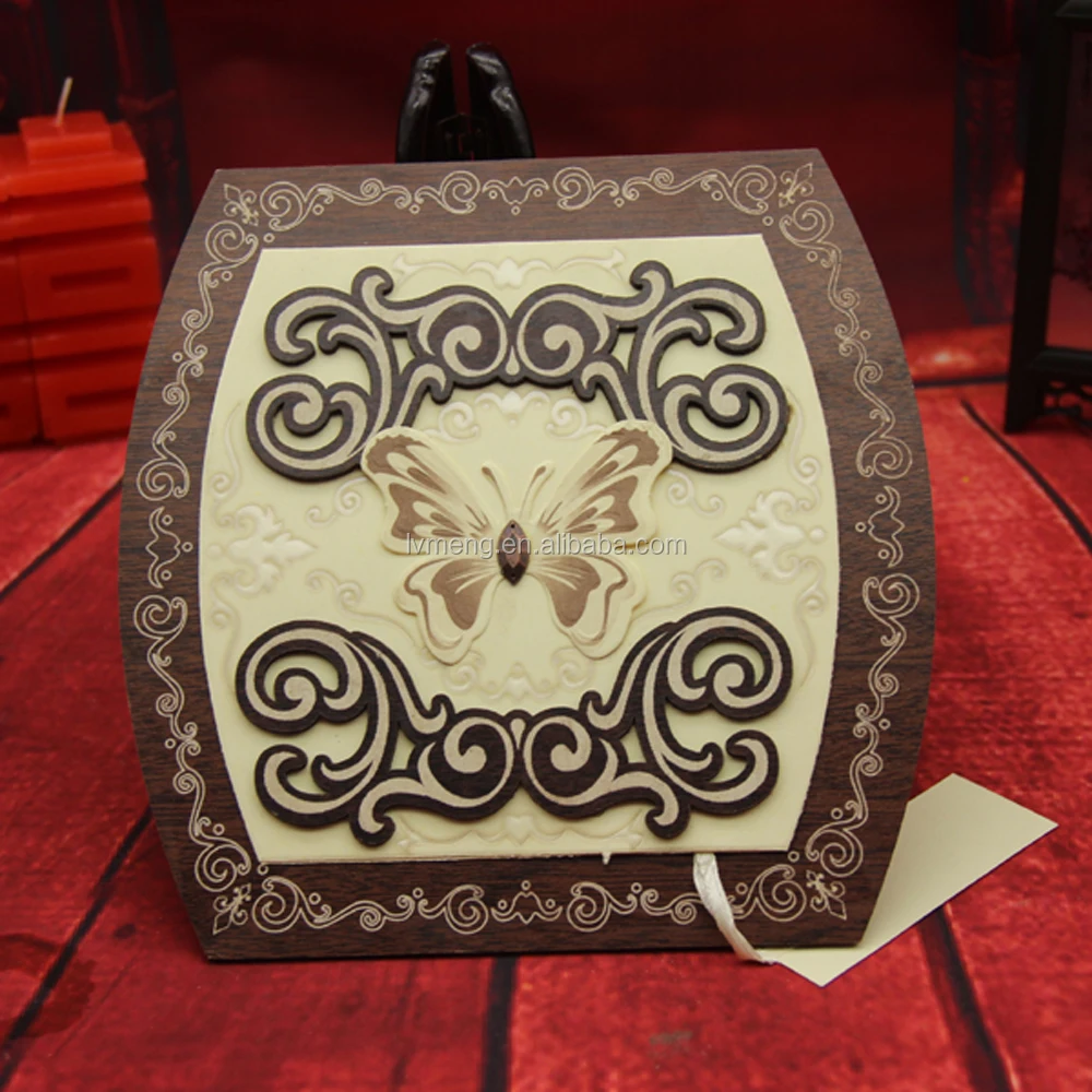 
Arabic/Muslim free customized printing Laser cut butterfly shaped wooden wedding invitation card Wholesale 