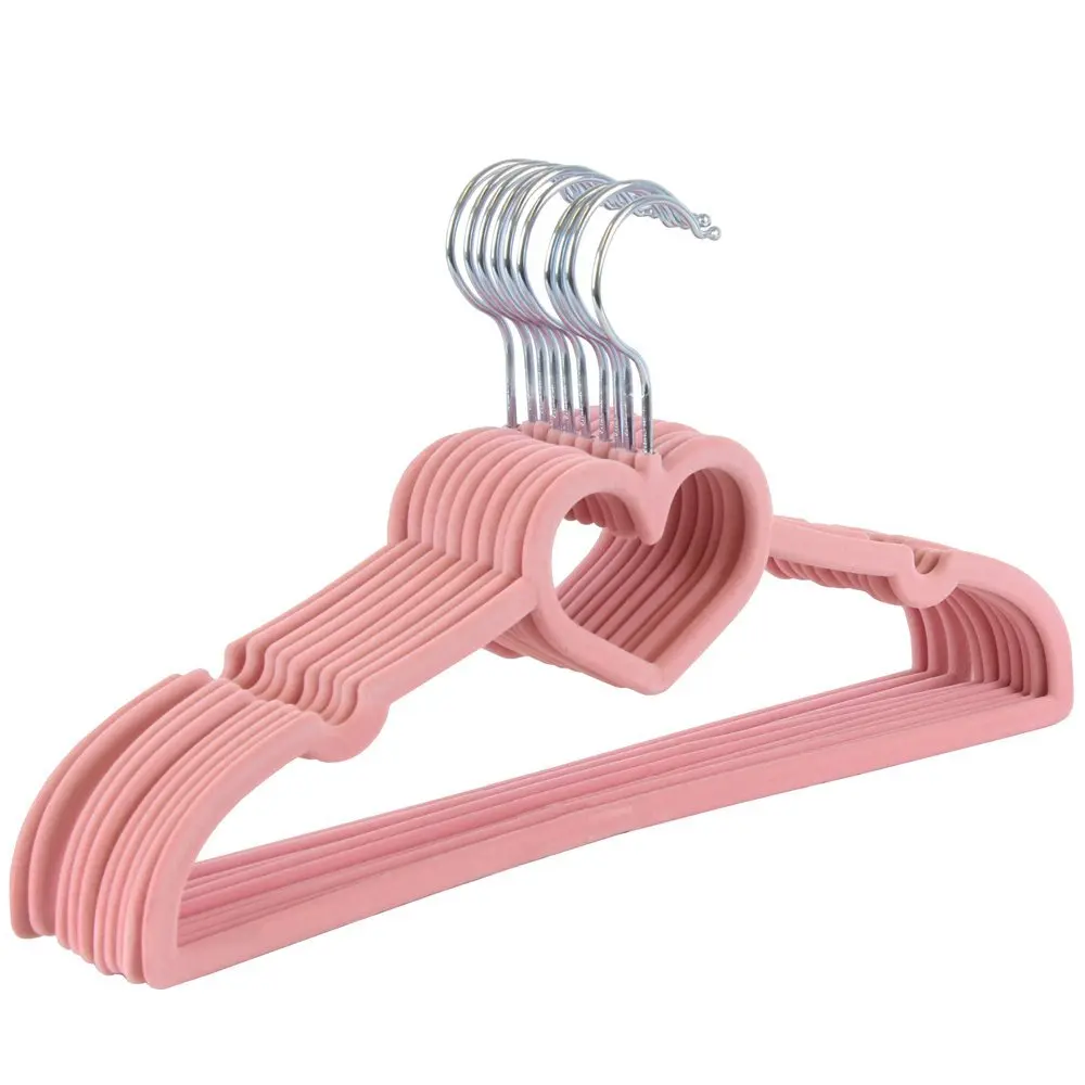 Inspring Heart Shape Space Saving Premium Velvet Hanger For Kids Girls Coat With Baby Pink