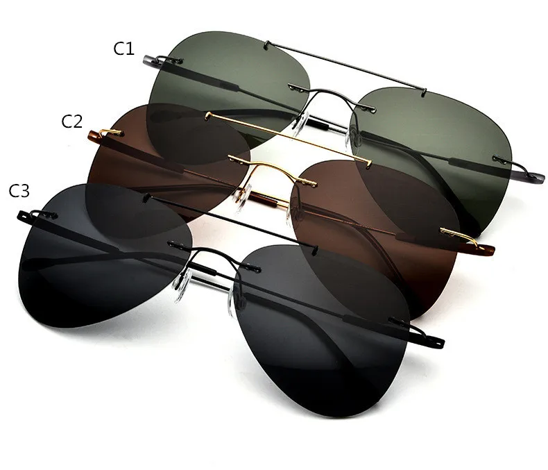 Rimless Double Bridges  Titanium Frame Luxury Sun Shades Sunglasses with Oval Polarized Lens