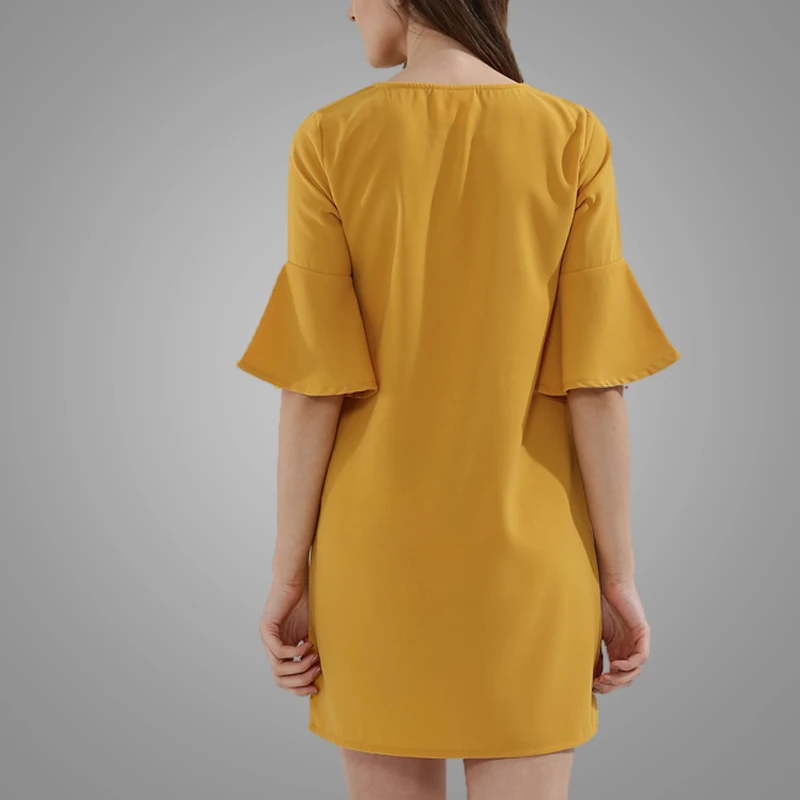 Summer Plain Yellow Orange Tube Dress Bowknot Pocket Dress Falbala Half Sleeve Chiffon Frocks Dresses
