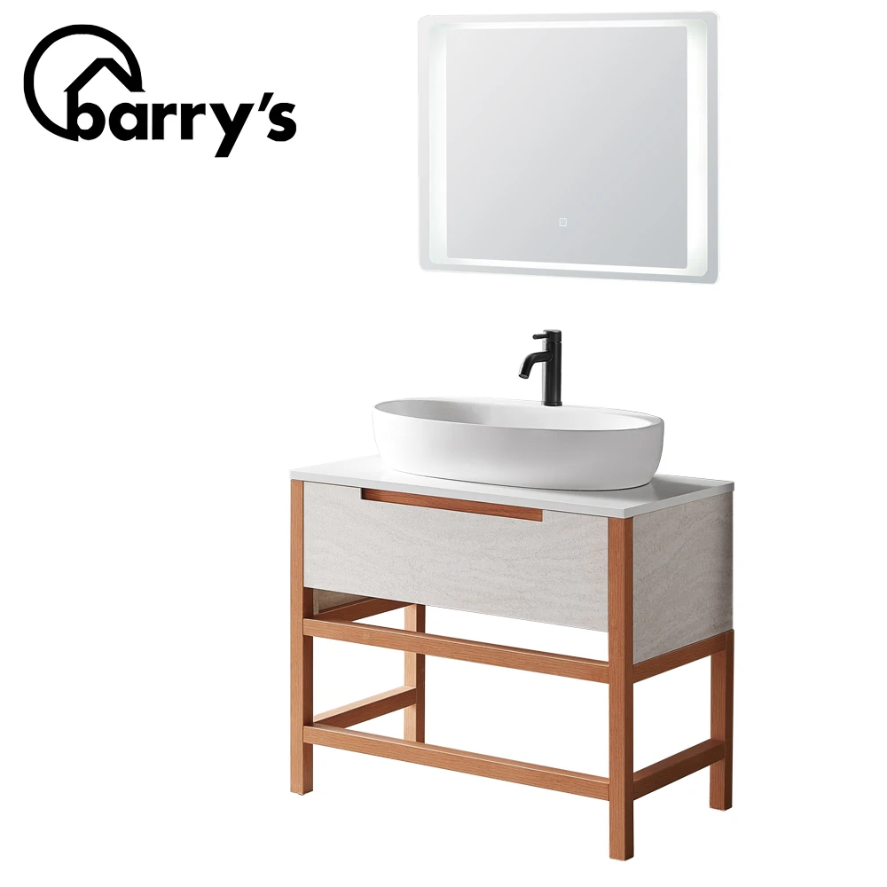 Simple design white quartz stone countertop bathroom cabinet wooden vanity