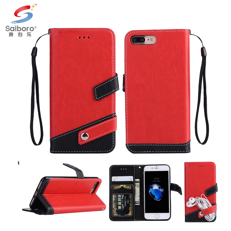 Contrast color flip litchi leather mobile phone cover for iphone 8 cases leather with headphone cable