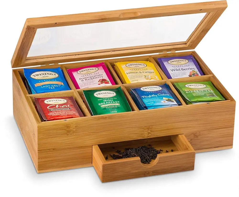 Bamboo Tea Box Organizer - Natural Wood Teabag Holder Organizer - 8 Storage Compartment with Small Drawer