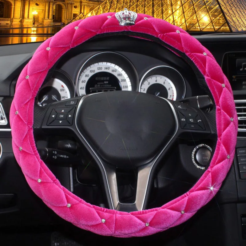 
Crown Lady crystal Heated Rhinestones Car Steering Wheel Cover plush For Women Accessories 