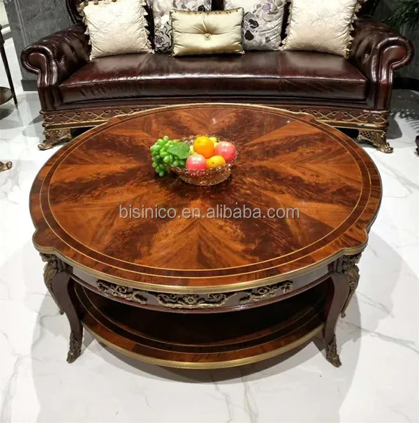 Natural Wood Carved Coffee Table With Brass Pedestal, Castle Living Room Furniture Handmade Marquetry Round Center Table