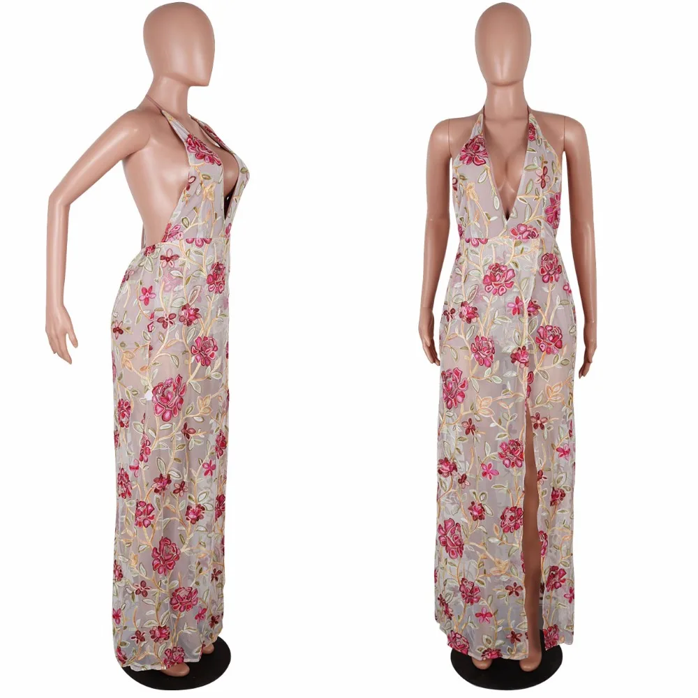 B22312A Europe women Fashion sexy transparent gauze halter neck sexy embroidery dress