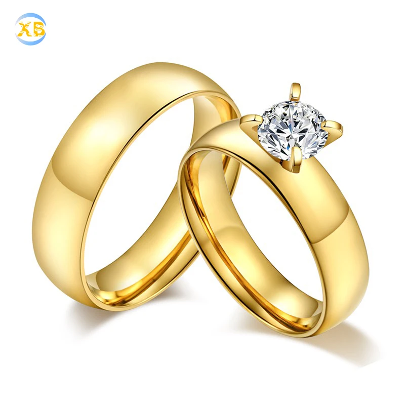 Classical Gold CZ Engagement Stainless Steel Couple Rings Jewelry