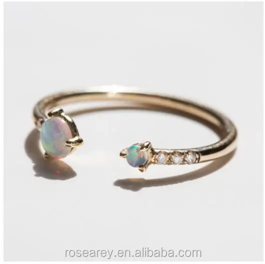USA Popular Micro pave Brilliant Diamond Double Tinny Two Stone Thin Open Fire Opal Stackable Steel Ring