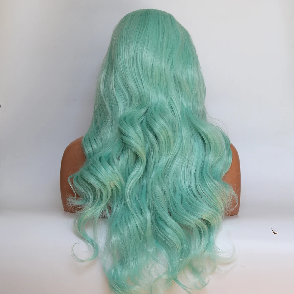 Fantasy Beauty Glueless High Temperature Heat Resistant Fiber Hair Long Wavy Mint Green Synthetic Lace Front Wig for Drag Queen