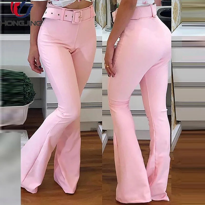 women solid polyester High Waist Bell-Bottom Casual long  flare leg Pants Flat front  waist belt  front zip fly full length