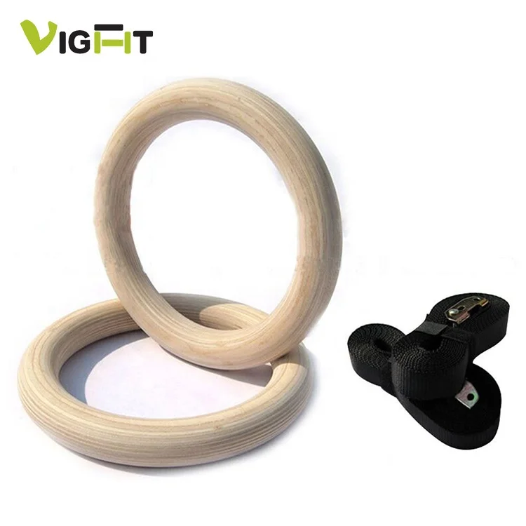 Cross fit strength pull up wooden gymnastic rings with Nylon straps
