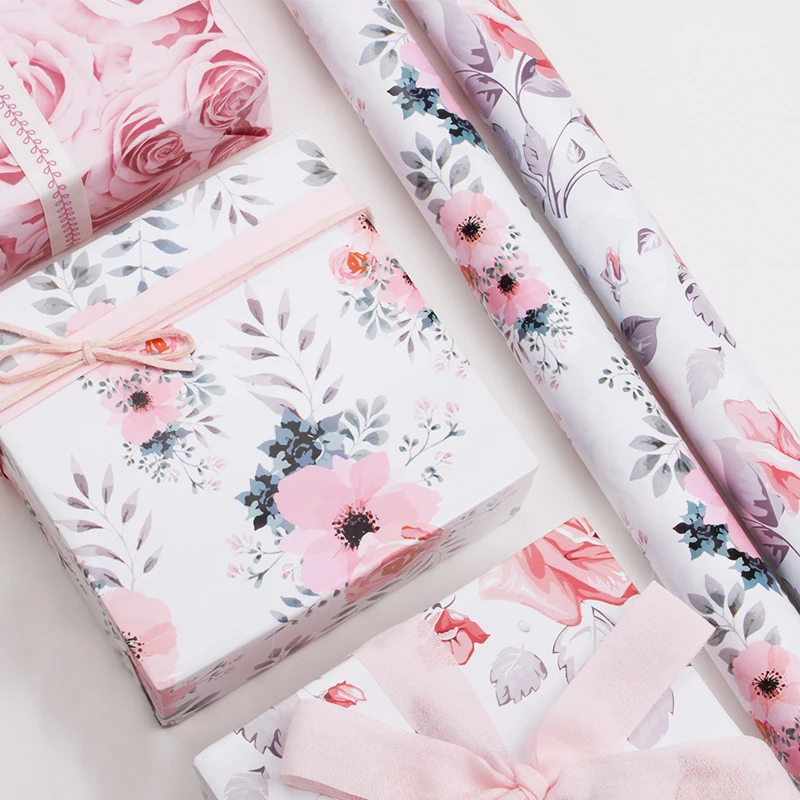
Wholesale Beautiful Pink Rose Flowers Printed Wrapping Gift Paper Roll 