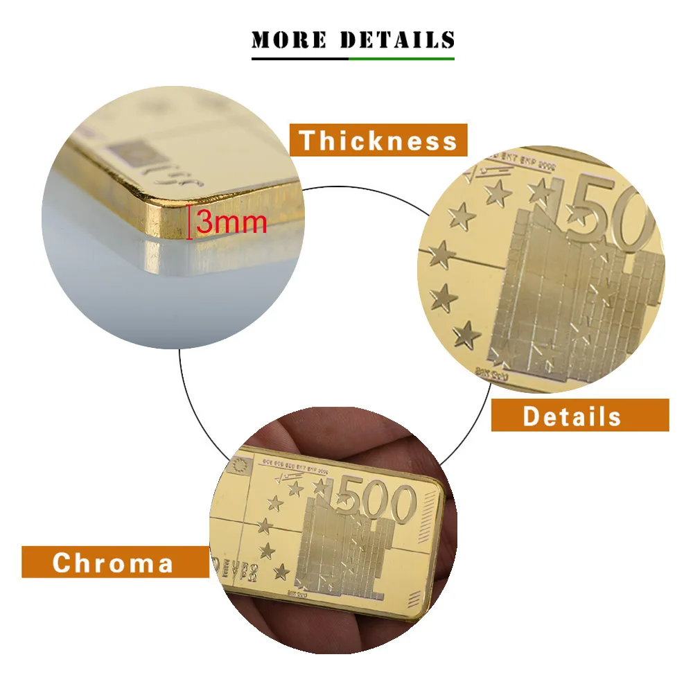 Euro 500 Gold Plated Metal Bar Fake Bill Bullion Coin Commemorative Golden Bar for Business Souvenir