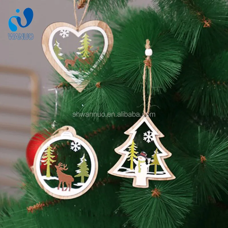 Wanuocraft 3D Love Heart Shape Christmas Tree Hanging Ornaments Decorations Wooden Pendant Tags For Wedding Festival