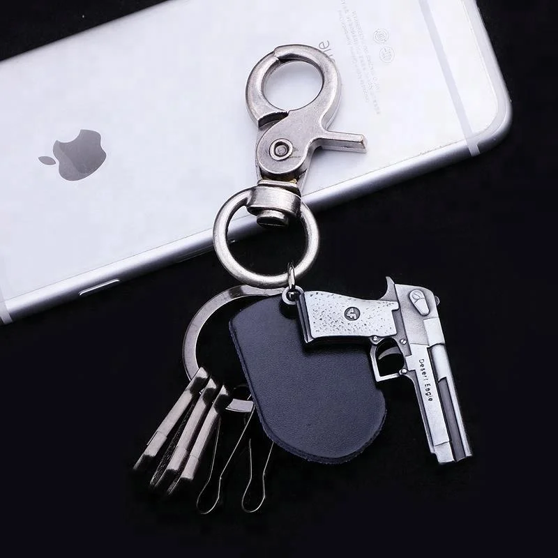 Promotional leather keyholder metal trinket gun keychain & keyrings for men women car key chains Souvenir Gift
