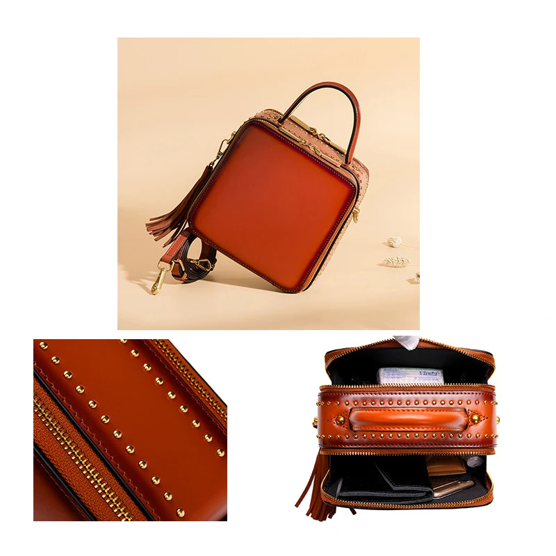 New Messenger Bag Handbag Leather Rivet Shoulder Bag Retro Tassel Bag