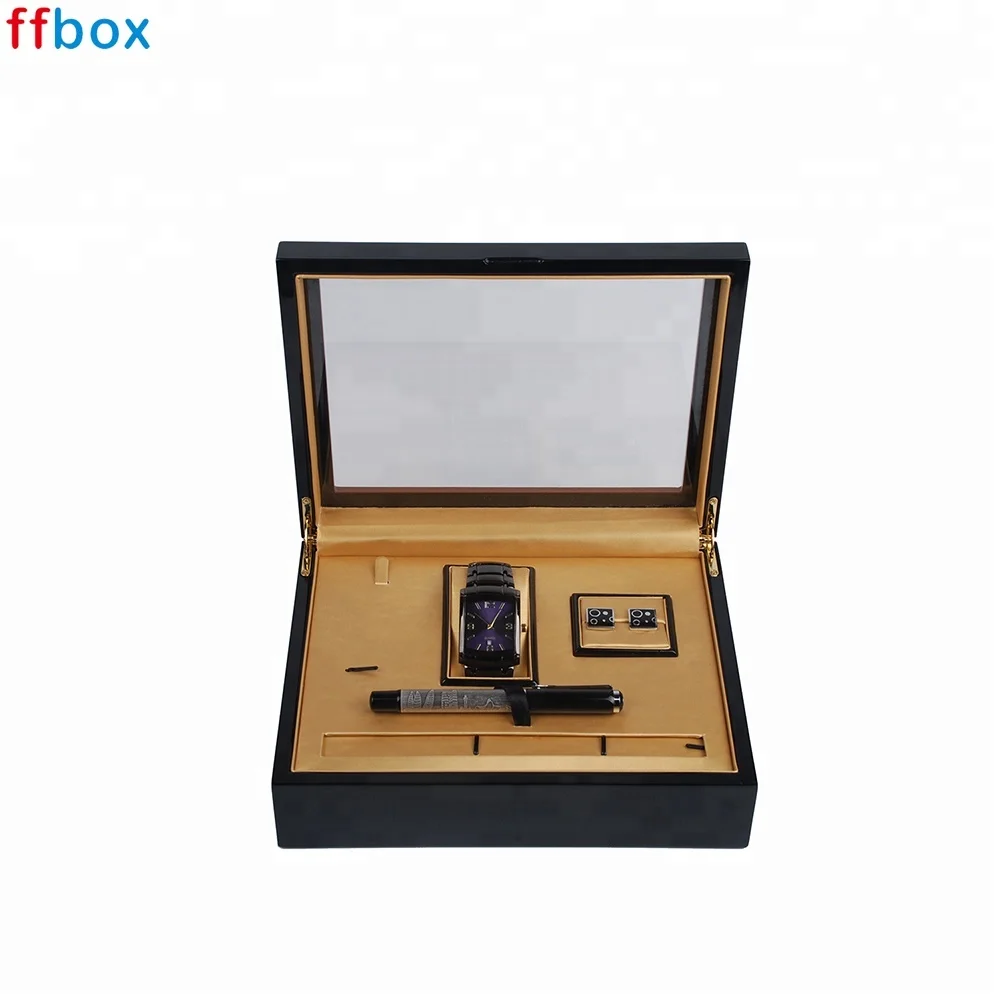 Luxury New Design Glossy Lacquer Glass Top Lid Wooden Cufflink Case