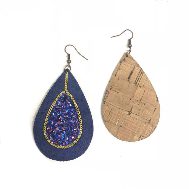 Colorful Long Fashion Cork Dangle Leather Glitter Chain Teardrop Leather Earrings
