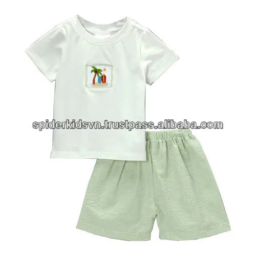 White Tee Smocked & Green Stripes Short Sets