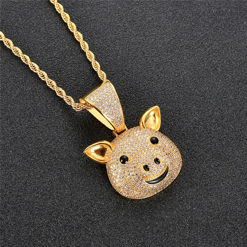 New Arrived Micro Paved Zircon Gold Plated Animal Pig Pendant Necklace Men HipHop Jewelry