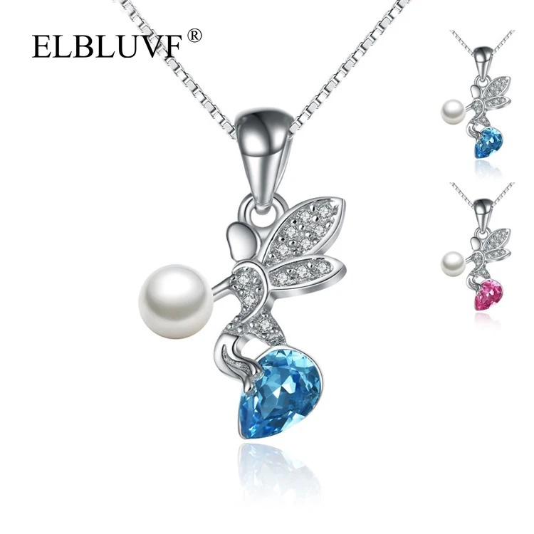 
ELBLUVF 925 Sterling Silver Free Shipping Lovely Angle Shape Pendant Zircon Artificial Pearls Jewelry For Women Girls Ladies 